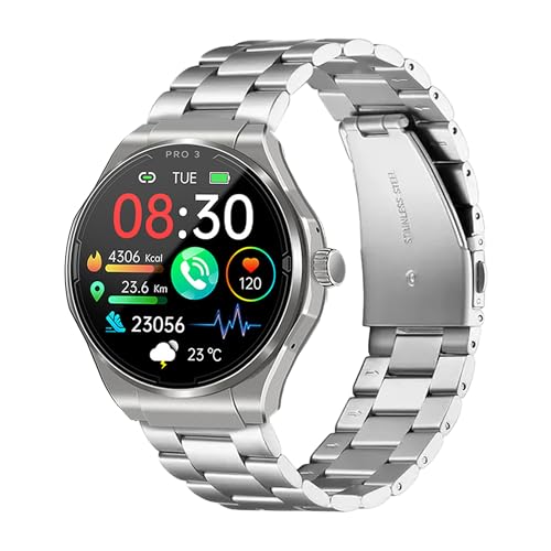 Knauermann PRO 3 (2024) Silber - Gesundheitsuhr Smartwatch mit Telefoniefunktion - EKG + HRV und SOS Funktion - AMOLED Display- BT Bluetooth - Schlafapnoe - Titanband Schwarz, 14-24, rund