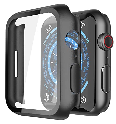 Misxi Hard Hülle mit Glas Displayschutz Kompatibel mit Apple Watch Series 9 (2023) Series 8 Series 7 45mm, Rundum Schutzhülle HD Ultradünne PC Schutz Case für iWatch S9/S8/S7, 2-Stück, Schwarz