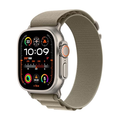 Apple Watch Ultra 2 (GPS + Cellular, 49 mm) Smartwatch mit robustem Titangehäuse und Alpine Loop Armband (Large) in Olivgrün. Fitnesstracker, präzises GPS, extra lange Batterielaufzeit, CO₂ neutral