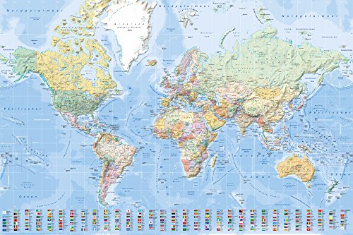 Landkarten - Weltkarte mit Flaggen deutsche Version - Bildungsposter Plakat Druck 1:45 Mio. - Grösse 91,5x61 cm - World Map with Flags german Version