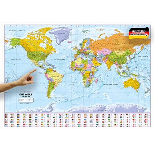 ORBIT Globes & Maps - Weltkarte XXL - Top-Aktuell 2024, Druck Mai 2024, deutsch, 136 x 96 cm, Maßstab 1:30 Mio mit seidenmattem Schutzlack inkl. Flaggenleiste