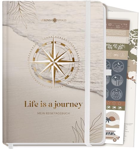 Lebenskompass® Reisetagebuch mit Sticker-Set, Stifthalterung und Weltkarten Poster zum ausfüllen mit Froschtasche und Platz für Erinnerungen zum Selberschreiben - 'Journey'