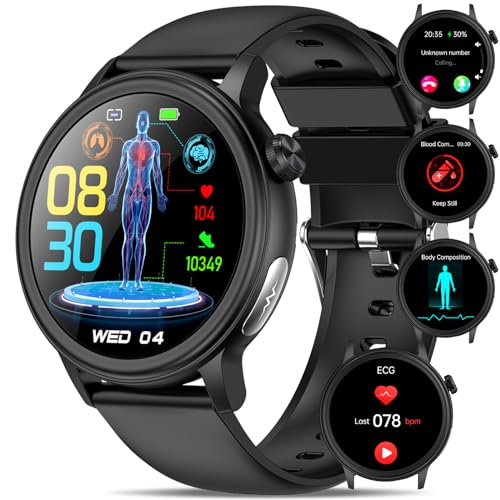 Smartwatch Damen Herren mit ΒΙυtｚυcker EKG+HRV/Harnsäure/BMI,1,4“Smartwatch Fitnessuhr mit Telefonfunktion SOS-Taste/Blutdruck/Körpertemperatur/Müdigkeit/Emotionserkennung/Schlaf,für Android iOS